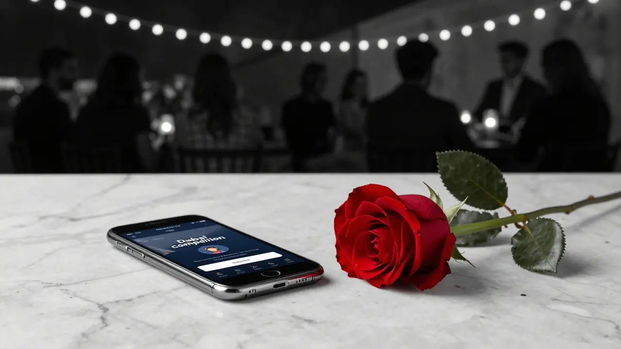 A red rose beside a scam ad on a phone, with people gathering in the background at a community event.