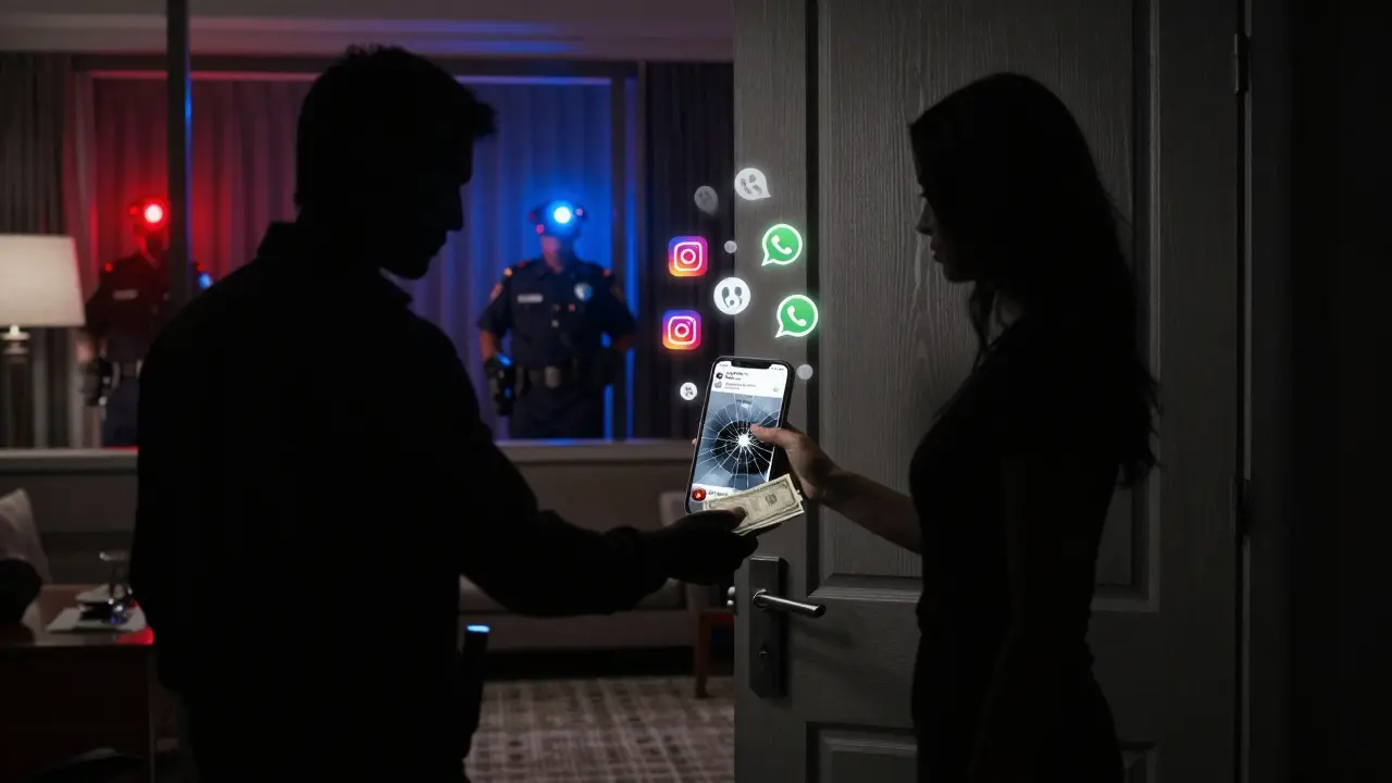 A shadowy transaction at a hotel door with police lights glowing through the window, symbolizing danger.