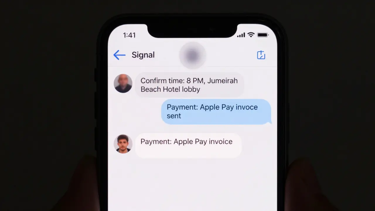 A smartphone screen showing an encrypted message about a discreet meeting location and payment method.