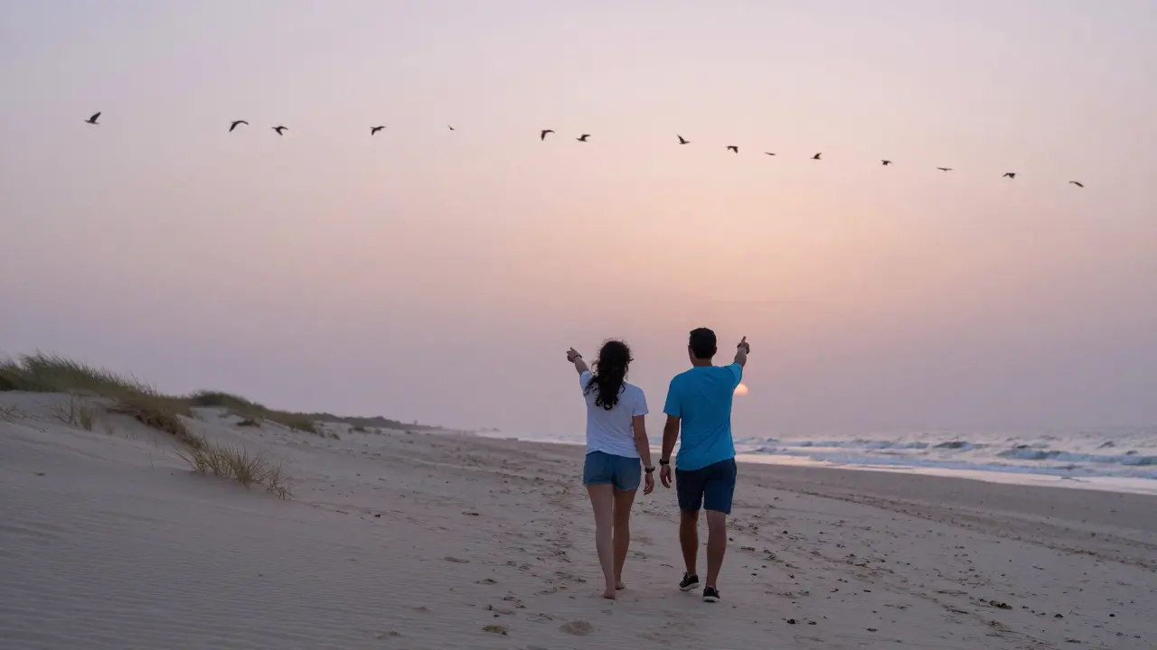 A traveler and companion walking peacefully along Jumeirah Beach at sunset, observing birds in the sky.
