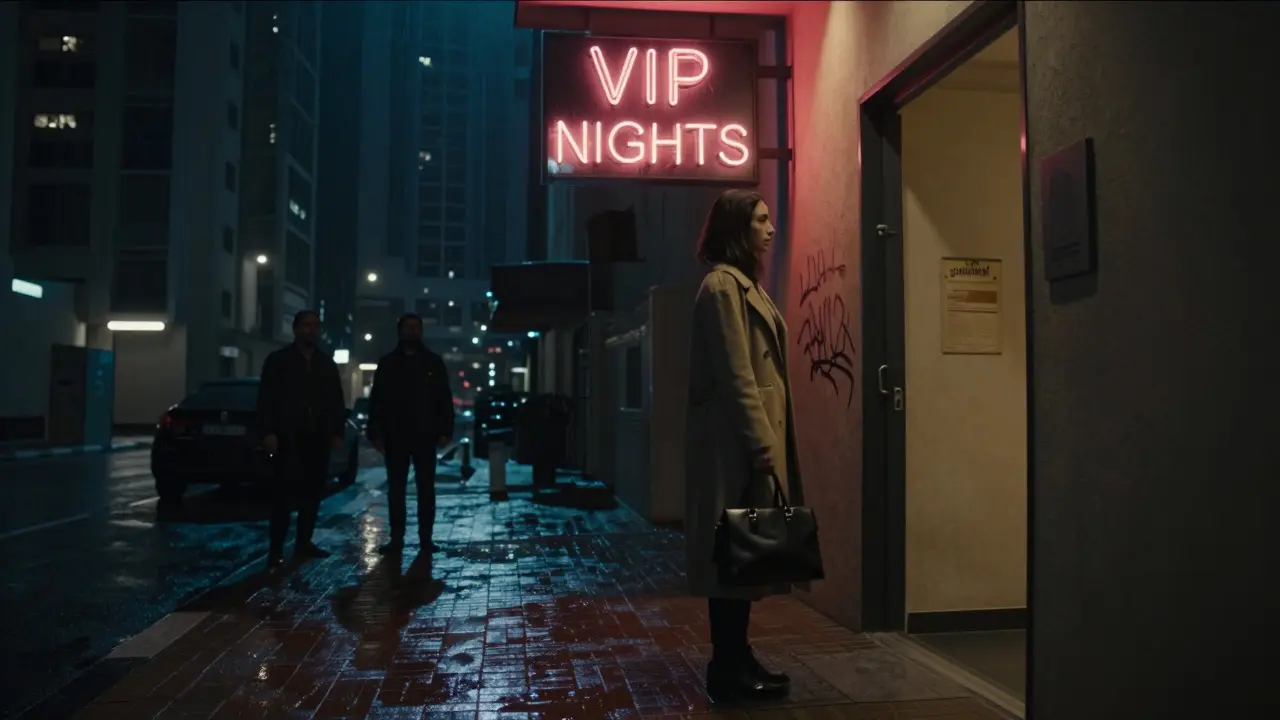 A woman hesitating in a shadowy Dubai alley near a hidden 'VIP Nights' sign, watched from a car.