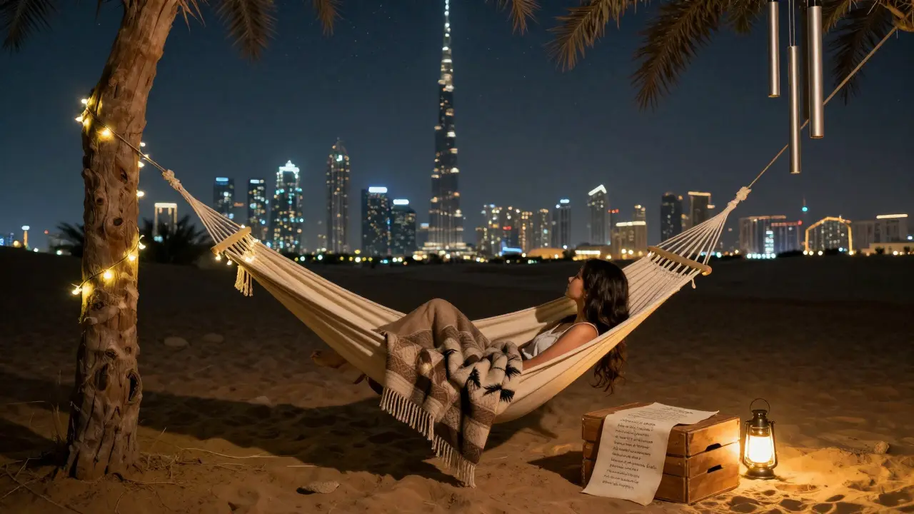 A woman in a hammock under fairy lights at Sky View Park, gazing at the Dubai skyline at night.