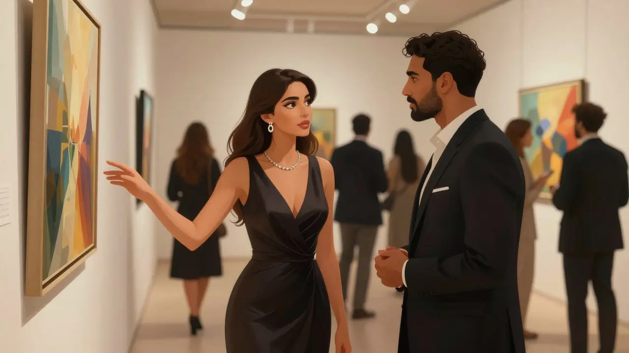 A woman in an evening gown engaging in cultured conversation with a client at an art gallery opening in Dubai.