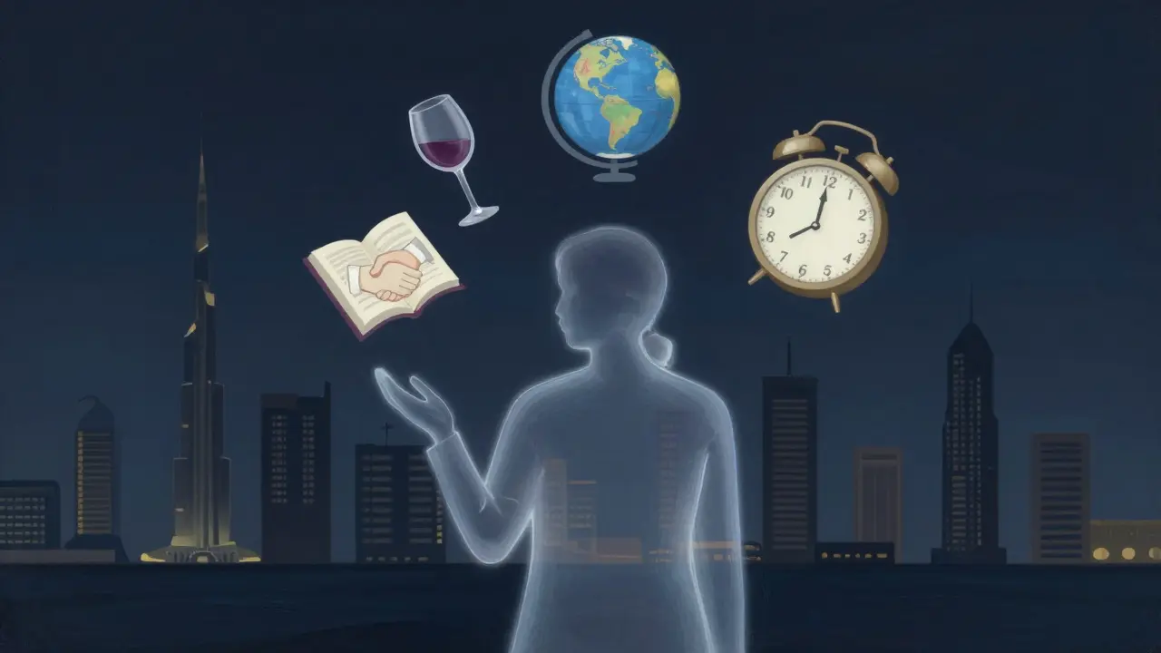 Abstract symbols representing companionship, conversation, and connection in Dubai's upscale culture.