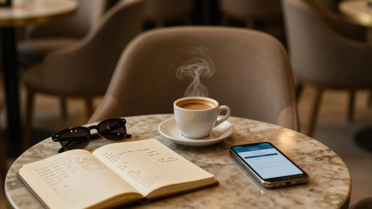 An empty café table in Dubai with coffee, notes, and sunglasses — symbolizing meaningful companionship without presence.