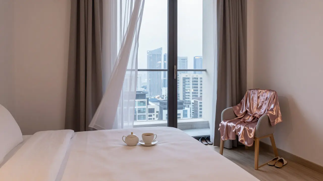 An empty, elegantly prepared apartment in Dubai with a robe and tea set, suggesting a discreet private encounter.