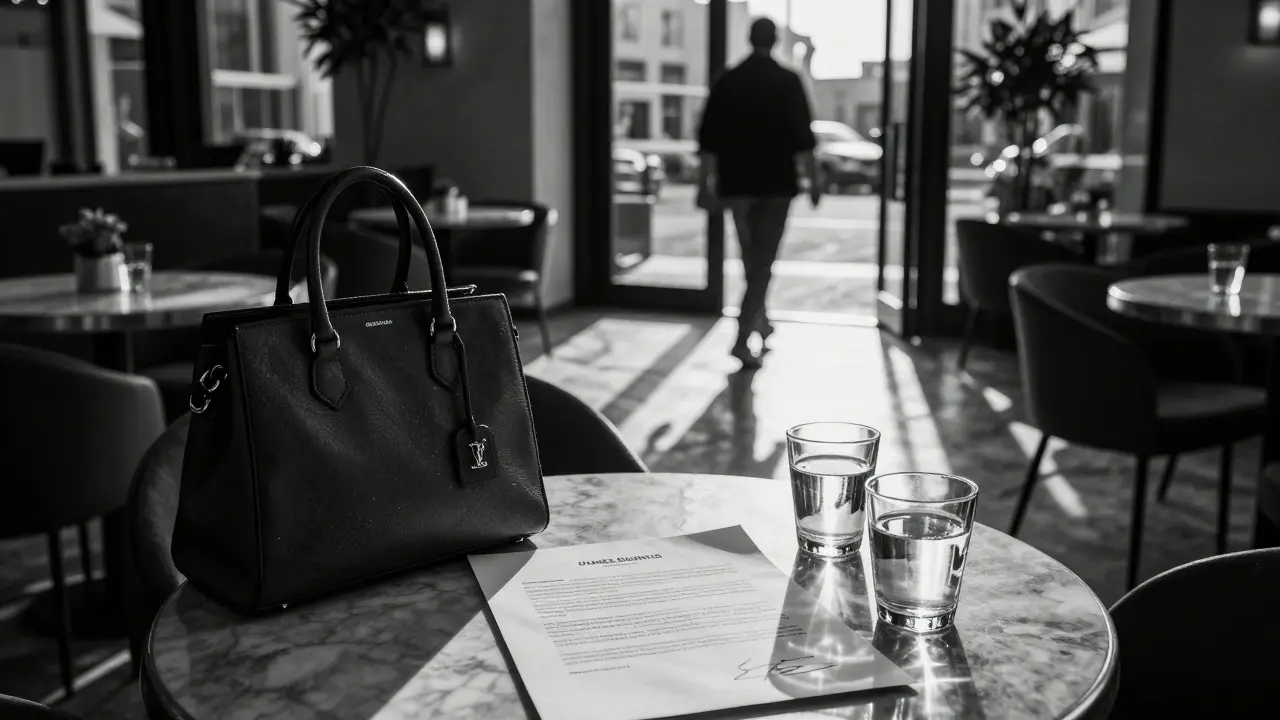 An empty upscale Dubai café with a signed contract and handbag left on a table at dusk, suggesting a discreet professional meeting.