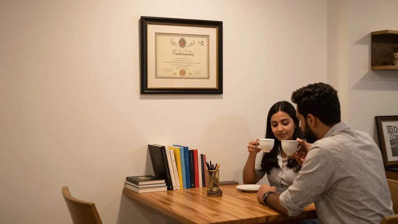 An expat couple in their apartment, a wedding certificate visible on the wall.
