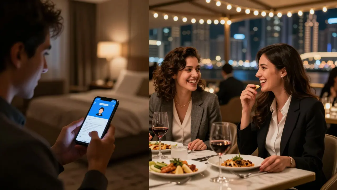 Contrasting scene: one side shows lonely app-swiping, the other shows a person sharing a warm dinner with a companion in Dubai Marina.
