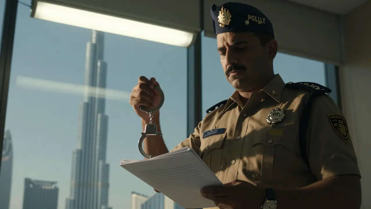 Dubai police officer holding handcuffs with city skyline