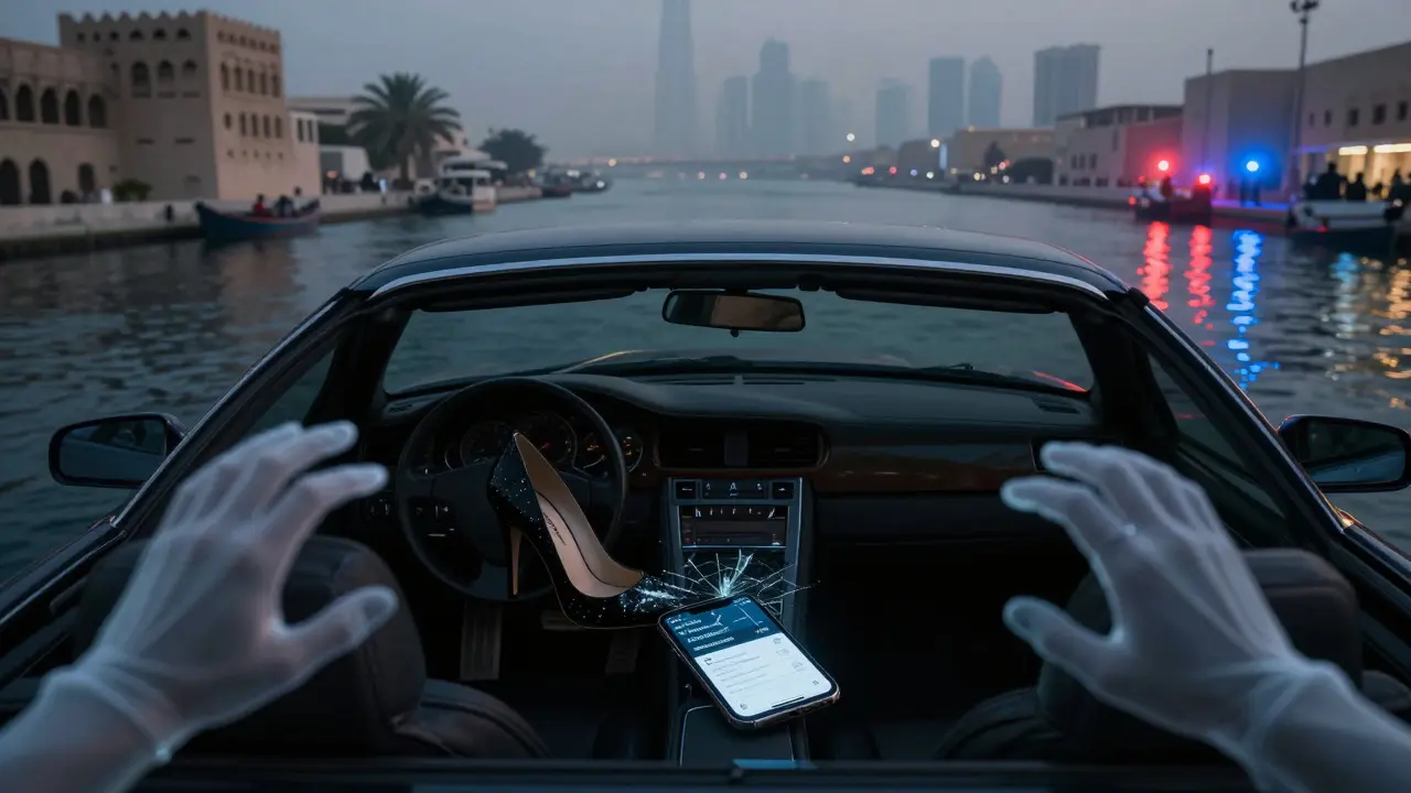 Empty luxury car in Bur Dubai with a single shoe and shattered phone showing crypto payments, ghostly hands and police lights in distance.