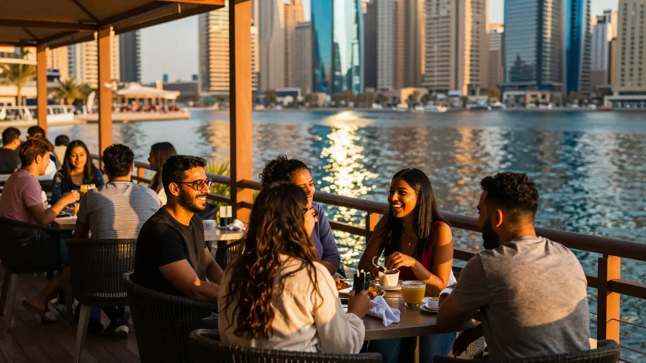 Group socializing at Dubai Marina sunset