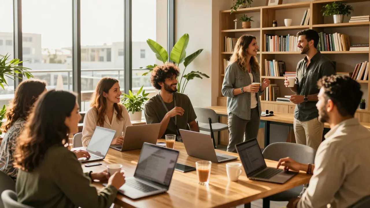 People socializing warmly at a Dubai expat networking event, laughing and chatting over coffee.