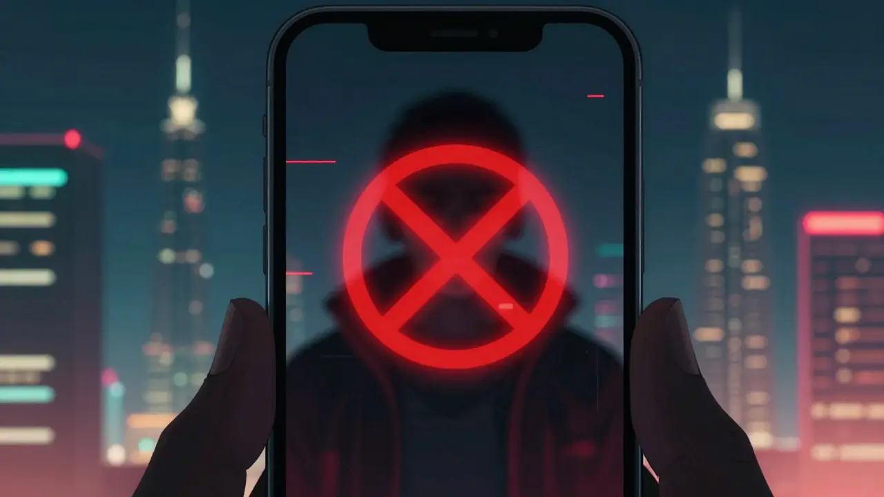 Smartphone screen with red warning symbol and blurred figure