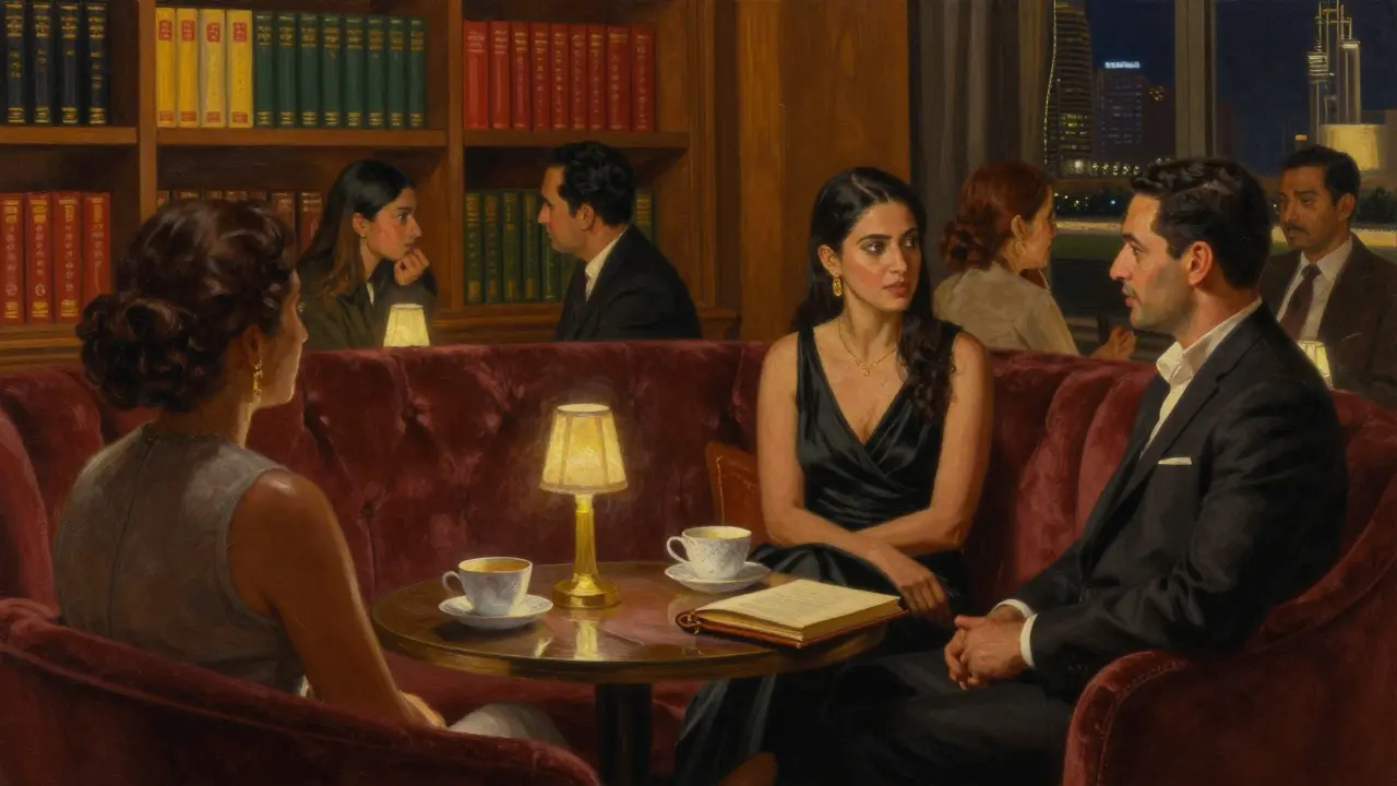 Sophisticated guests converse softly in a private Dubai lounge, surrounded by books and warm ambient lighting.