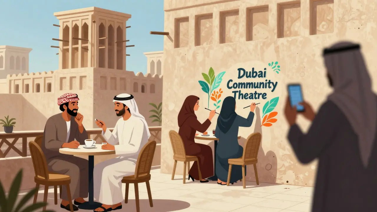 Three contrasting scenes in Bur Dubai: a man at a café, a woman volunteering, and a shadowy figure with an ad — all under historic architecture.