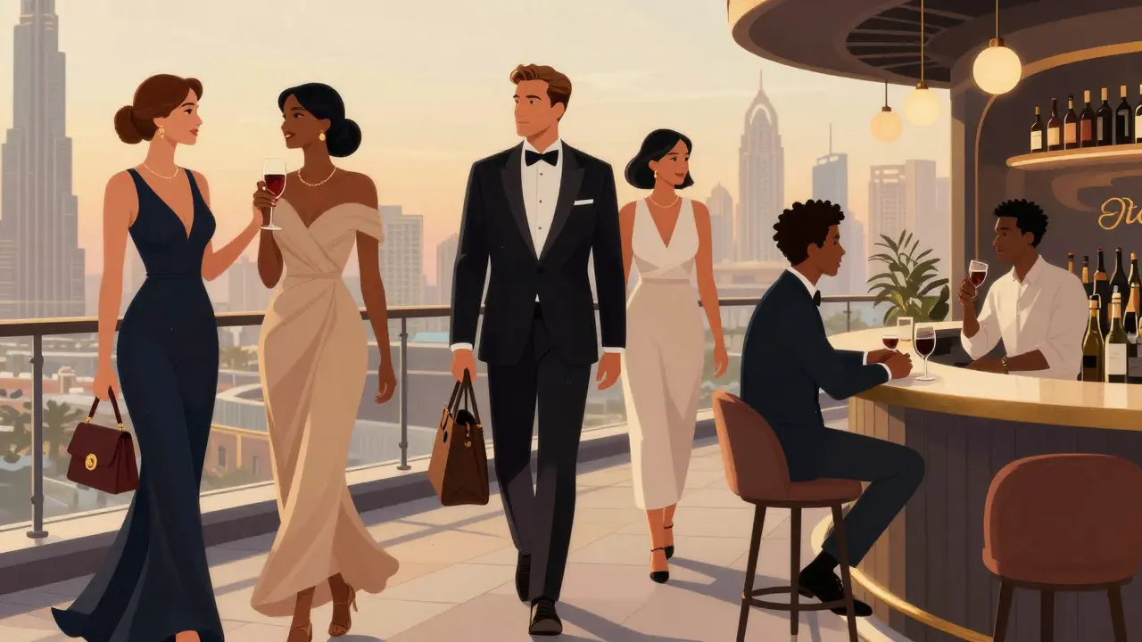 Three scenes showing companions accompanying clients to events, cafes, and nightlife in Dubai.