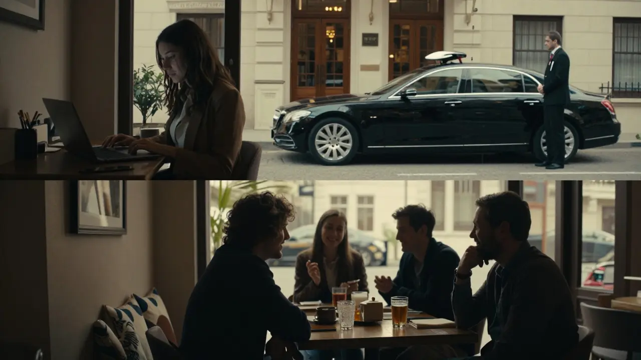 Three scenes showing independent companion, agency escort, and lonely expat, all bathed in golden-hour light, symbolizing connection in Dubai.