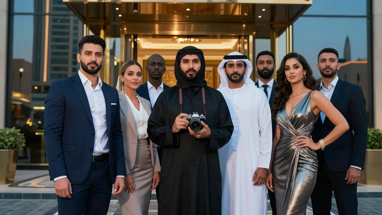 Three types of professional companions in Dubai — executive, cultural guide, and event partner — standing together at a luxury hotel entrance.