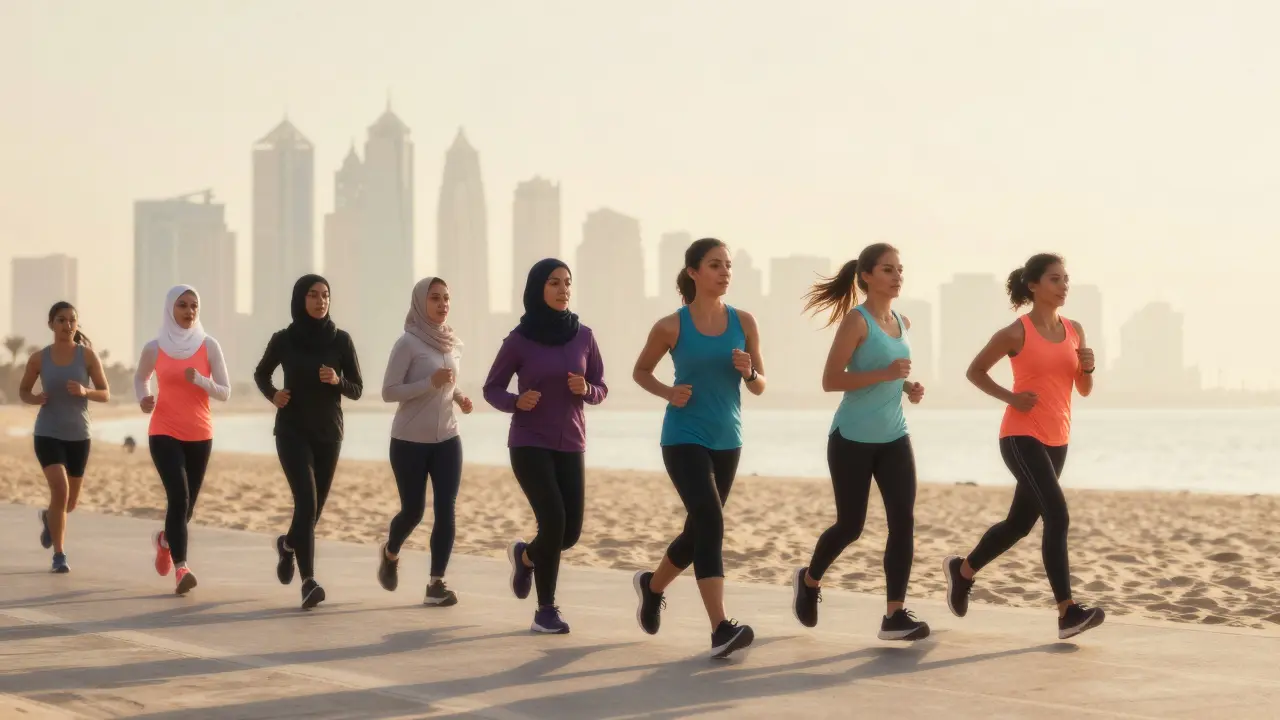 Women of different backgrounds jogging at sunrise along Dubai’s beach, skyline behind them, motion in their steps, peaceful atmosphere.