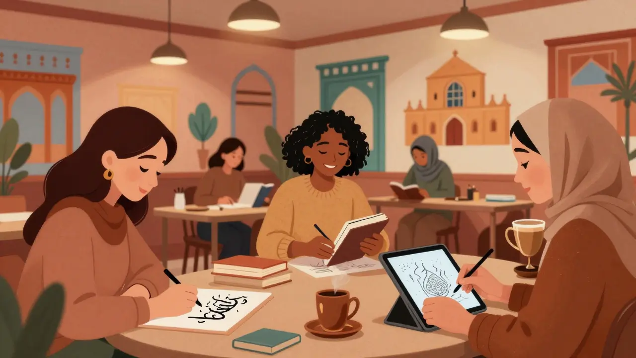 Women teaching, organizing books, and sketching in a warm, colorful community center in Satwa, sharing chai and ideas.