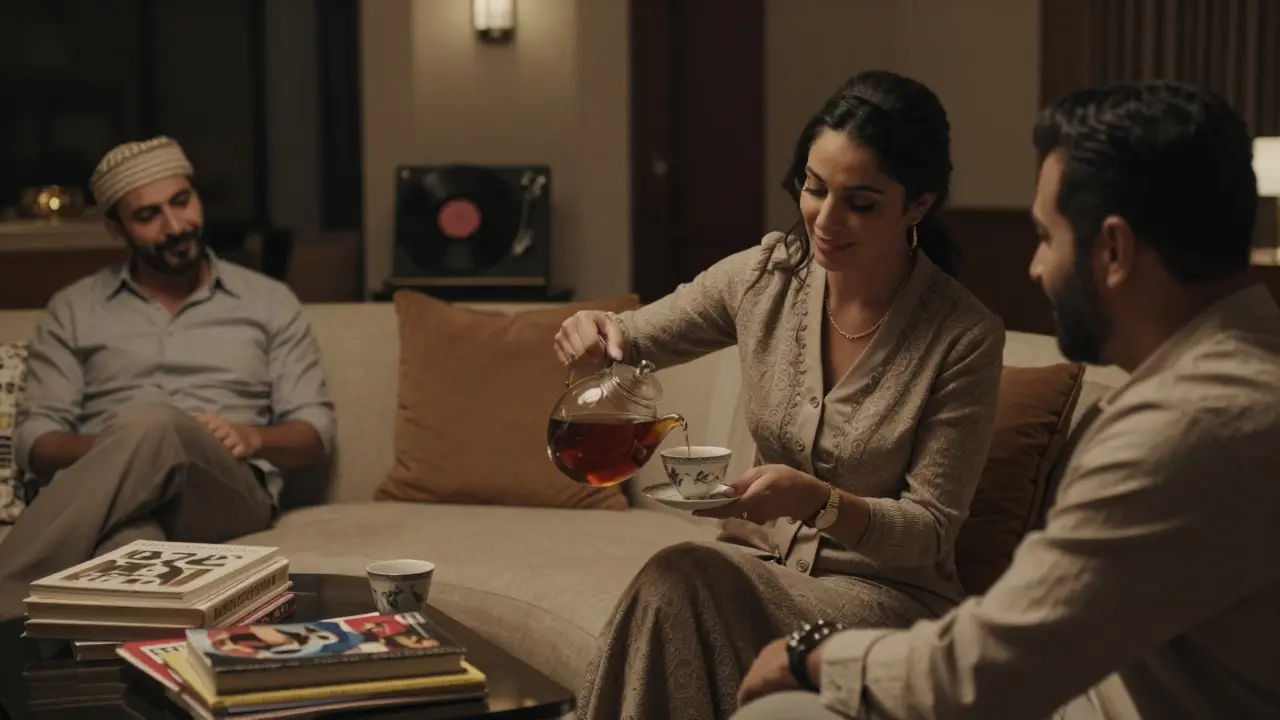 A calm, intimate gathering in a Bur Dubai villa lounge, with tea and conversation in warm, soft lighting.