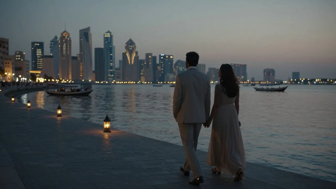A couple strolls peacefully along Dubai Creek at twilight, surrounded by soft city lights and reflective water.