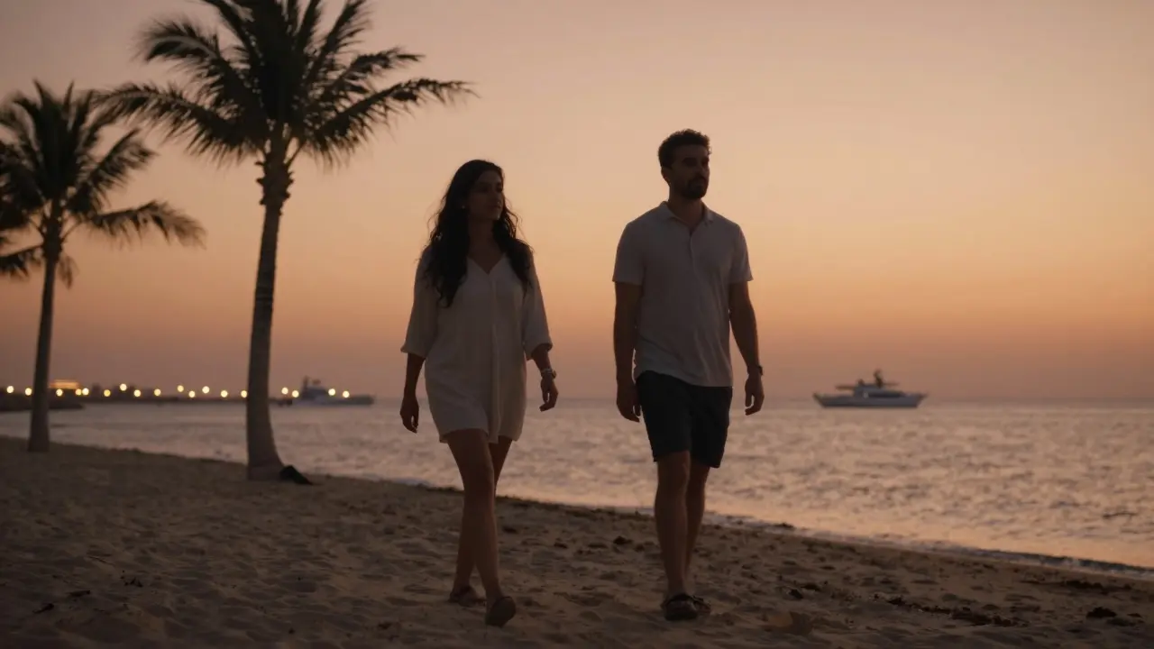 A couple walking peacefully along Jumeirah Beach at sunset, silhouetted against the golden sky, no physical intimacy, just calm companionship.