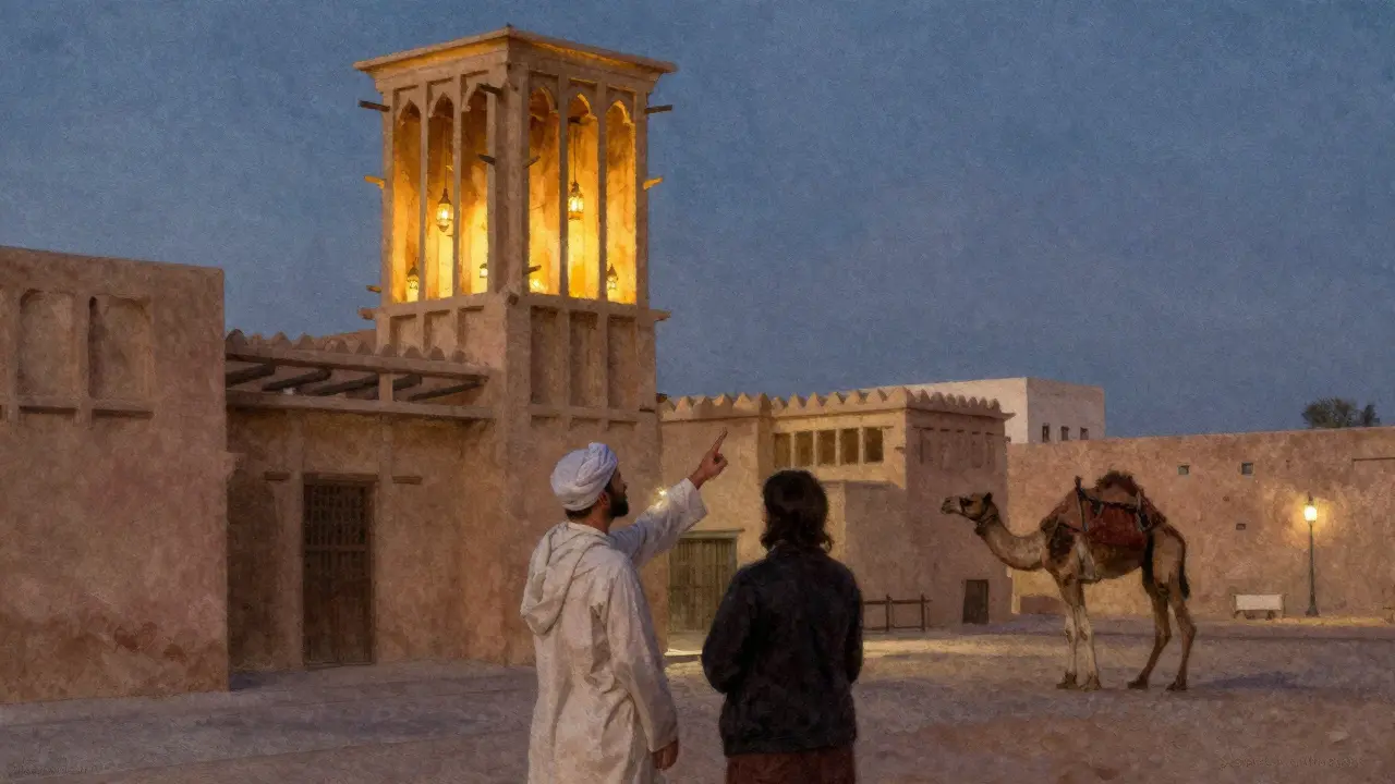 A cultural companion shows a visitor a traditional windtower in Dubai's historic district as lanterns glow in the dusk.
