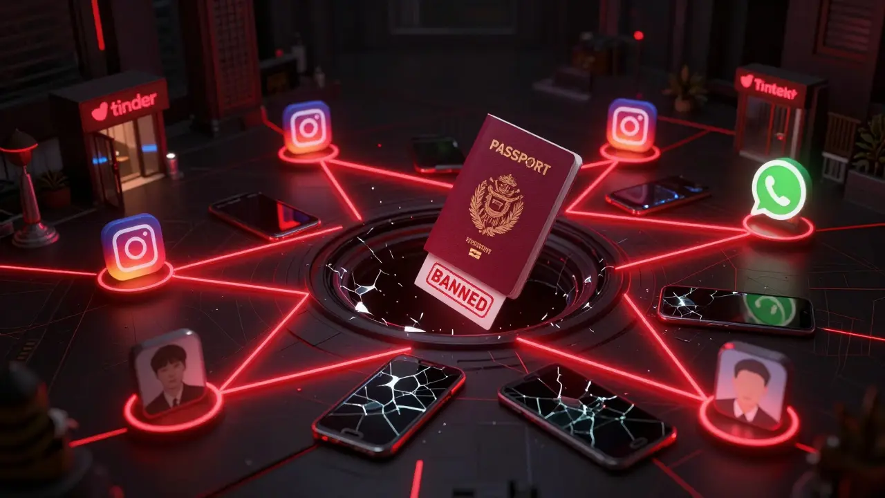A digital network of dating apps and hotels converges into a sinking passport stamped 'BANNED' in dark cyberpunk style.