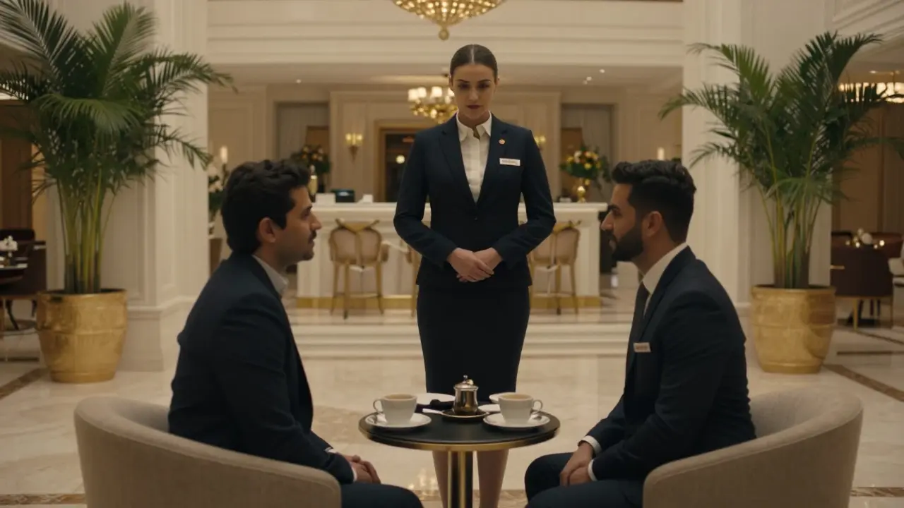 A discreet meeting between a guest and escort in a luxury hotel lobby, emphasizing privacy and professionalism.