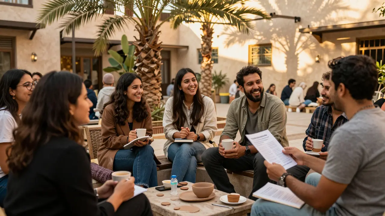 A diverse group of expats laugh together over coffee in a sunny courtyard, books and pottery flyers visible on tables.