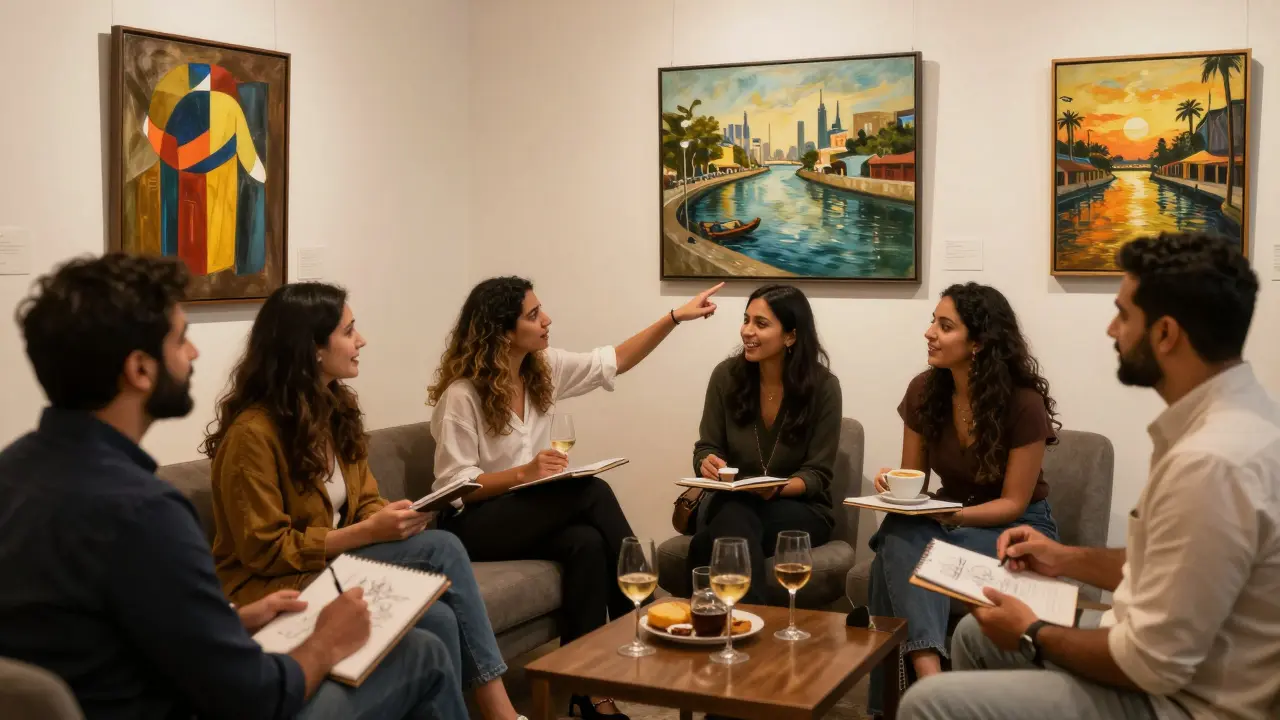 A diverse group of people chatting at an art gallery in Bur Dubai, connecting over culture and conversation.