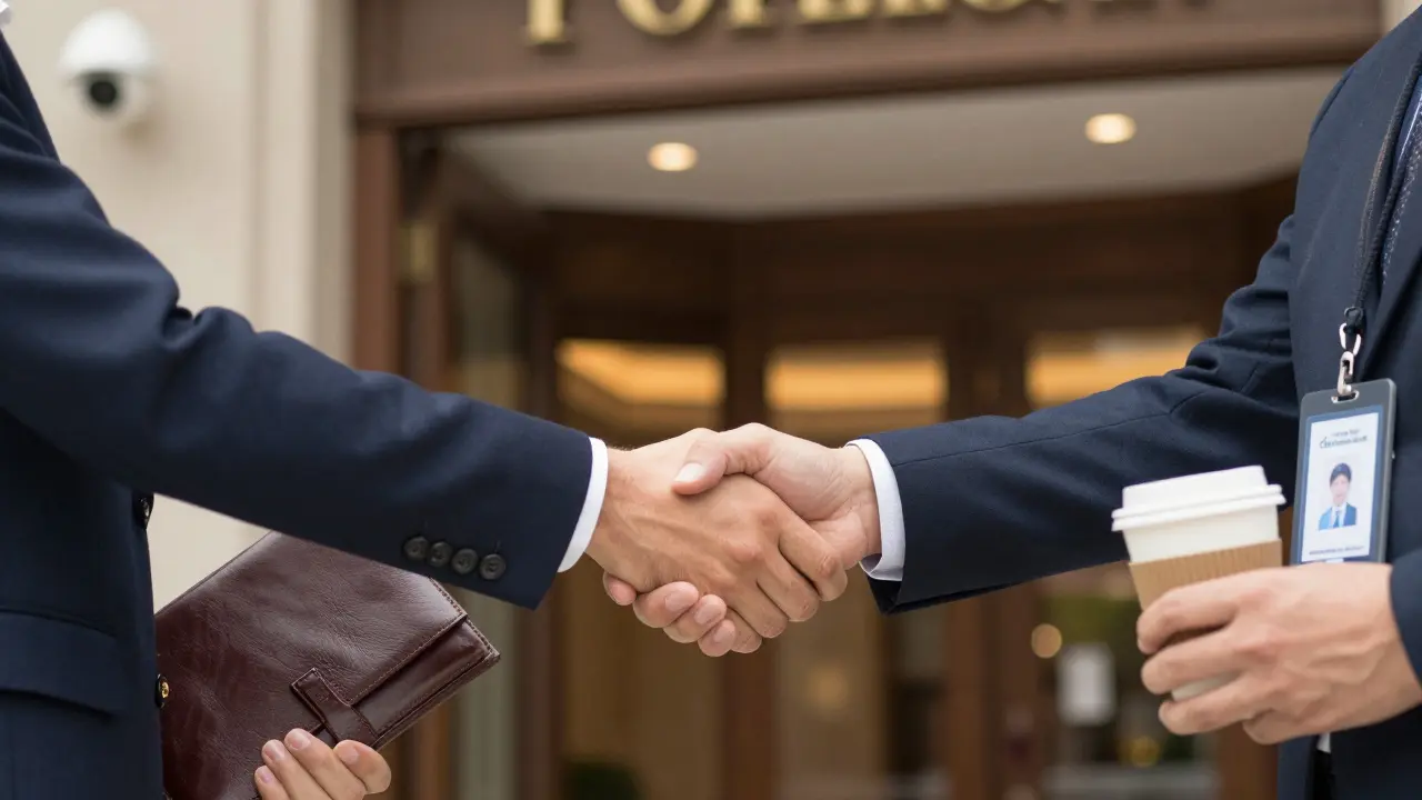 A handshake in a hotel lobby with a verified ID screen visible, symbolizing safe and legal companionship.