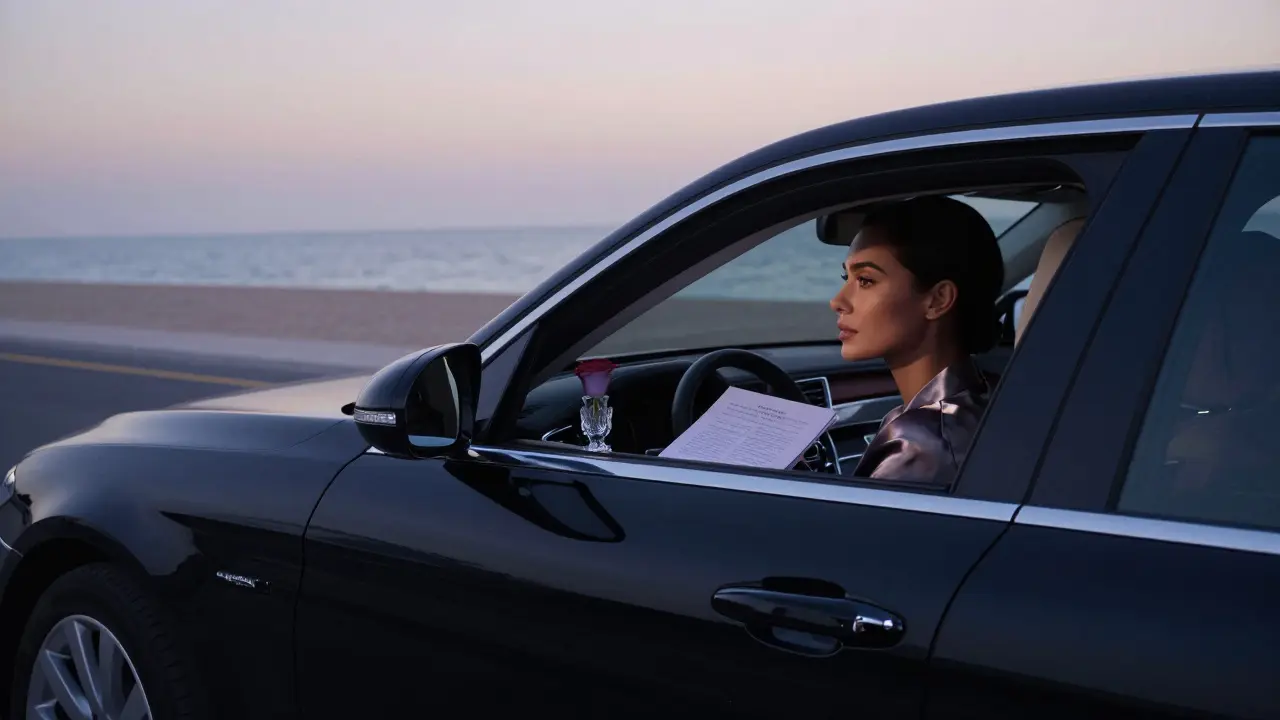 A luxury car drives along Palm Jumeirah at dawn, a folded note and rose on the backseat, symbolizing discreet companionship.