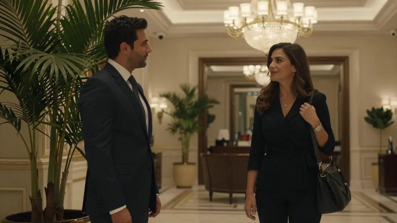 A man and woman meeting in a luxurious Dubai hotel lobby, exchanging a subtle smile under soft chandelier light.
