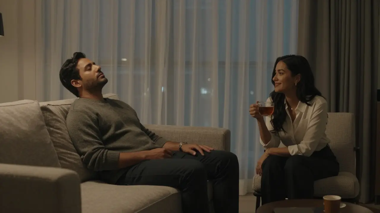 A man relaxing in a Dubai living room, comforted by the quiet presence of a companion nearby.