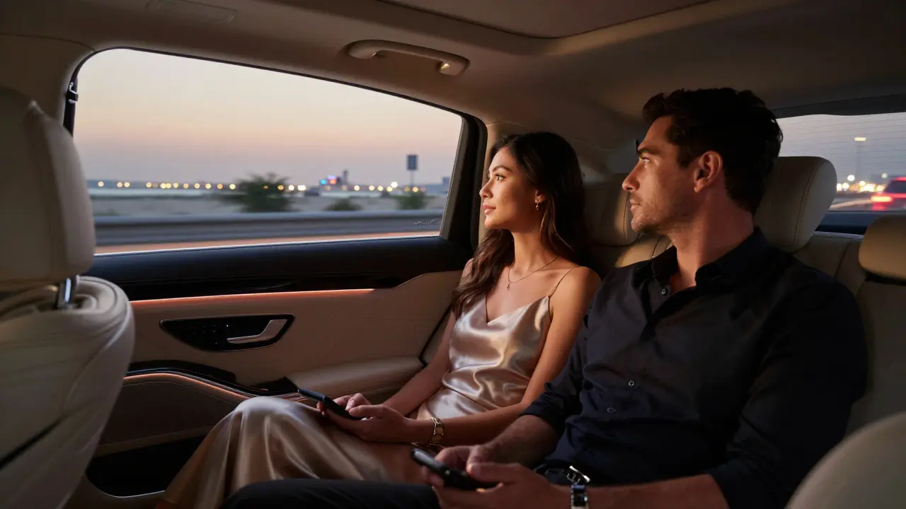 A private luxury car glides through Dubai’s coastal highway at dusk, a woman and client sharing serene, wordless companionship inside.