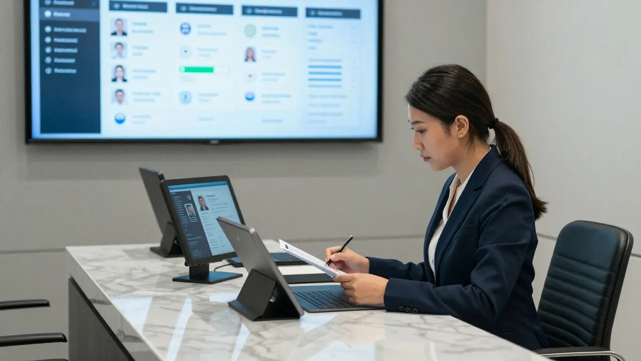 A professional escort agency office in Downtown Dubai with secure tablets, verified IDs, and a woman reviewing client profiles in a minimalist luxury setting.