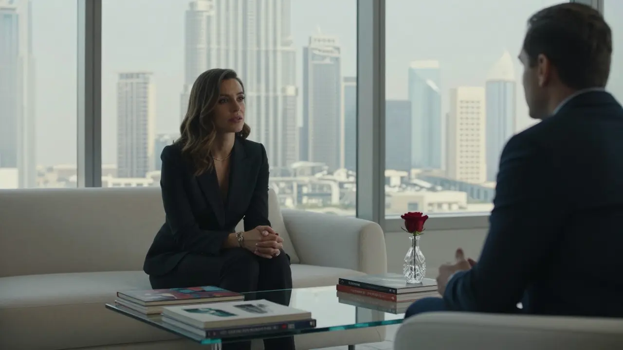 A refined private lounge setting in Dubai with a woman and client engaged in quiet conversation, surrounded by art and elegant minimalism.