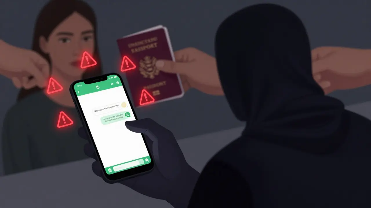 A shadowy figure sending a message on a phone, with a passport being taken in the background, symbolizing exploitation.