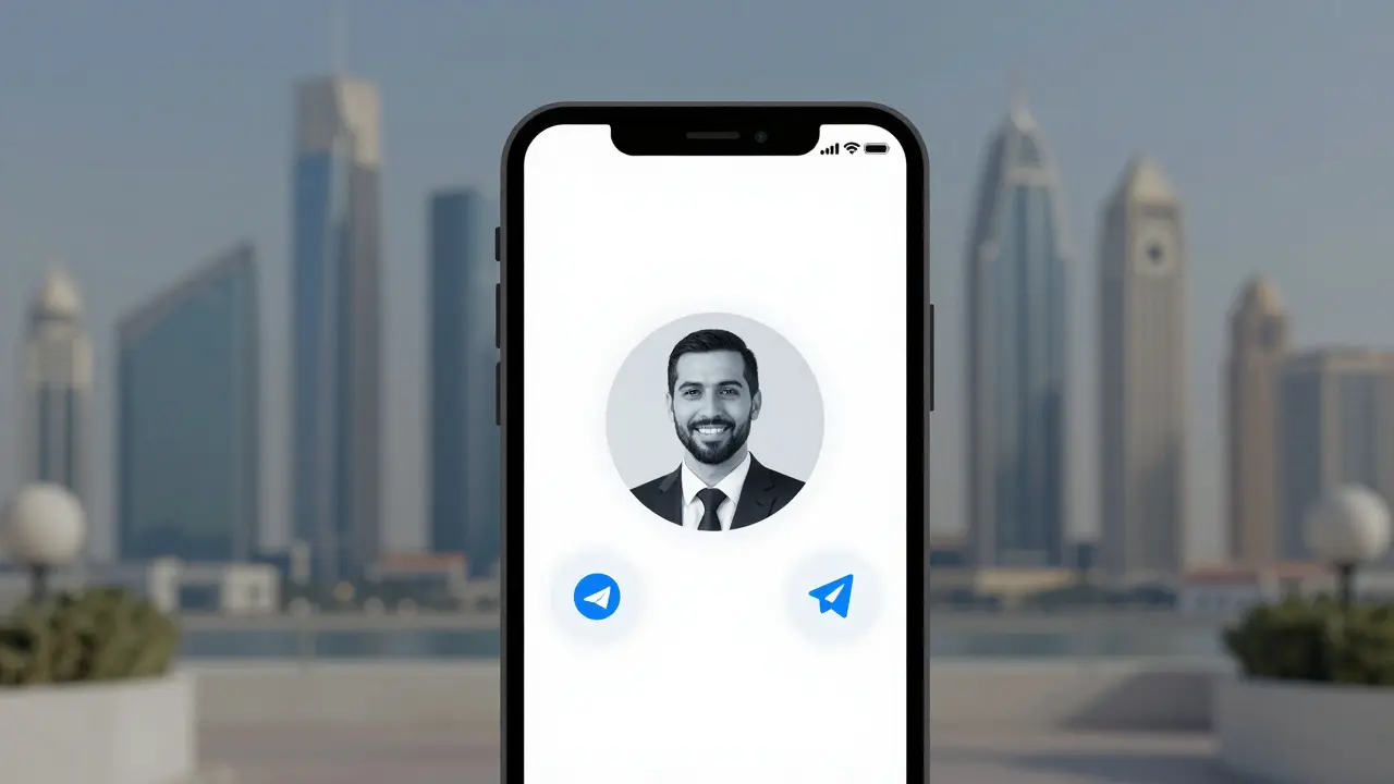 A smartphone displaying a professional profile photo of a companion with secure messaging app icons, symbolizing discreet connections in Dubai.