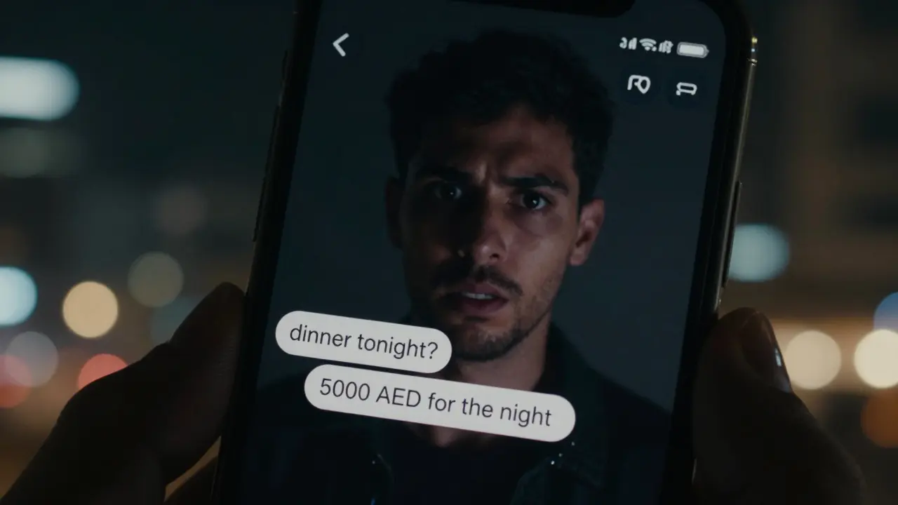 A smartphone screen showing encrypted messages about payment for companionship, with a reflection of a worried person in the glass.