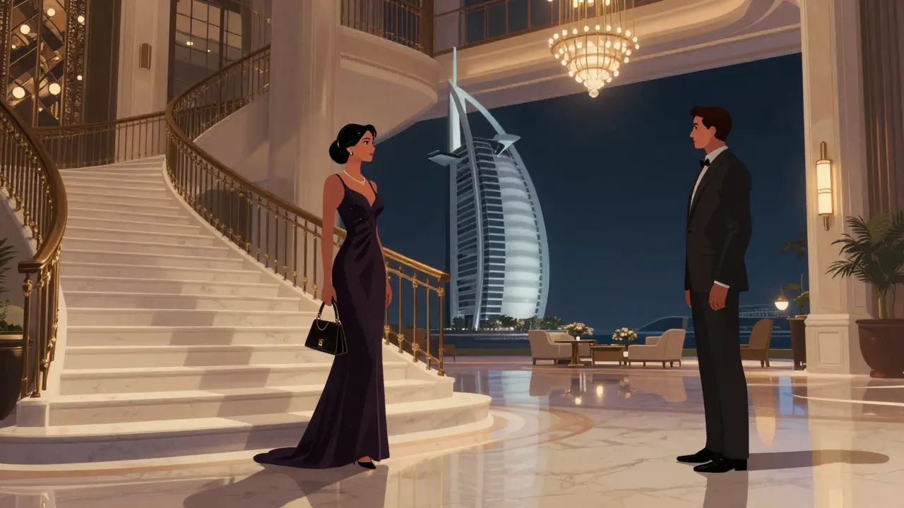 A woman in an elegant gown and a man in a suit in a luxurious hotel lobby, conveying discretion and professionalism.