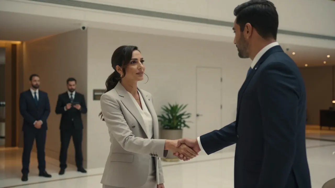 A woman in elegant clothing shakes hands with a man in a hotel lobby, security cameras visible in the background.