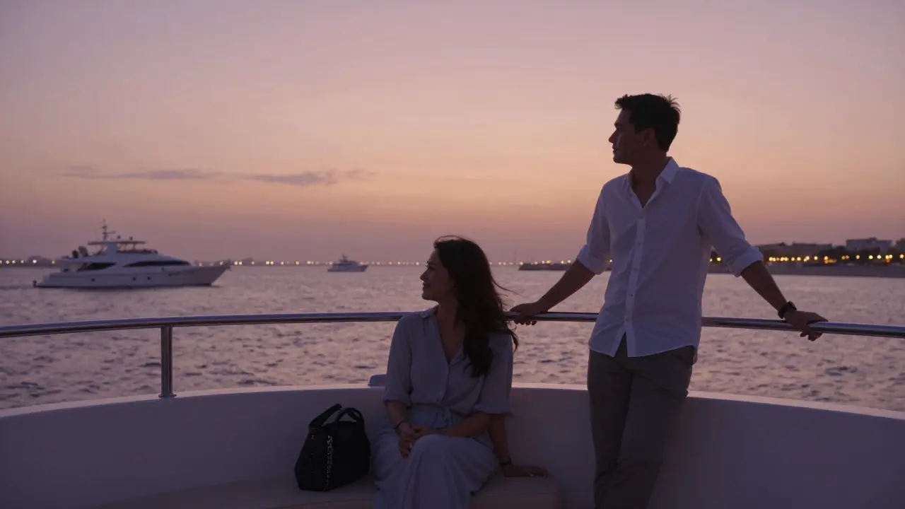 A woman on a sunset yacht cruise in Dubai, accompanied by a calm companion gazing at the horizon.