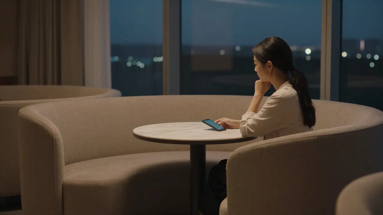 A woman sitting alone in a quiet lounge in Bur Dubai, gazing out the window as city lights shimmer in the background.