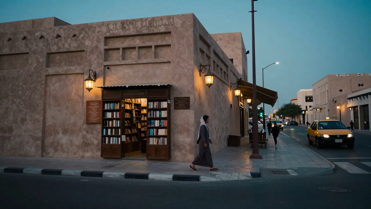 A woman walking alone at dusk along Bur Dubai’s historic street, lanterns glowing softly beside traditional architecture.