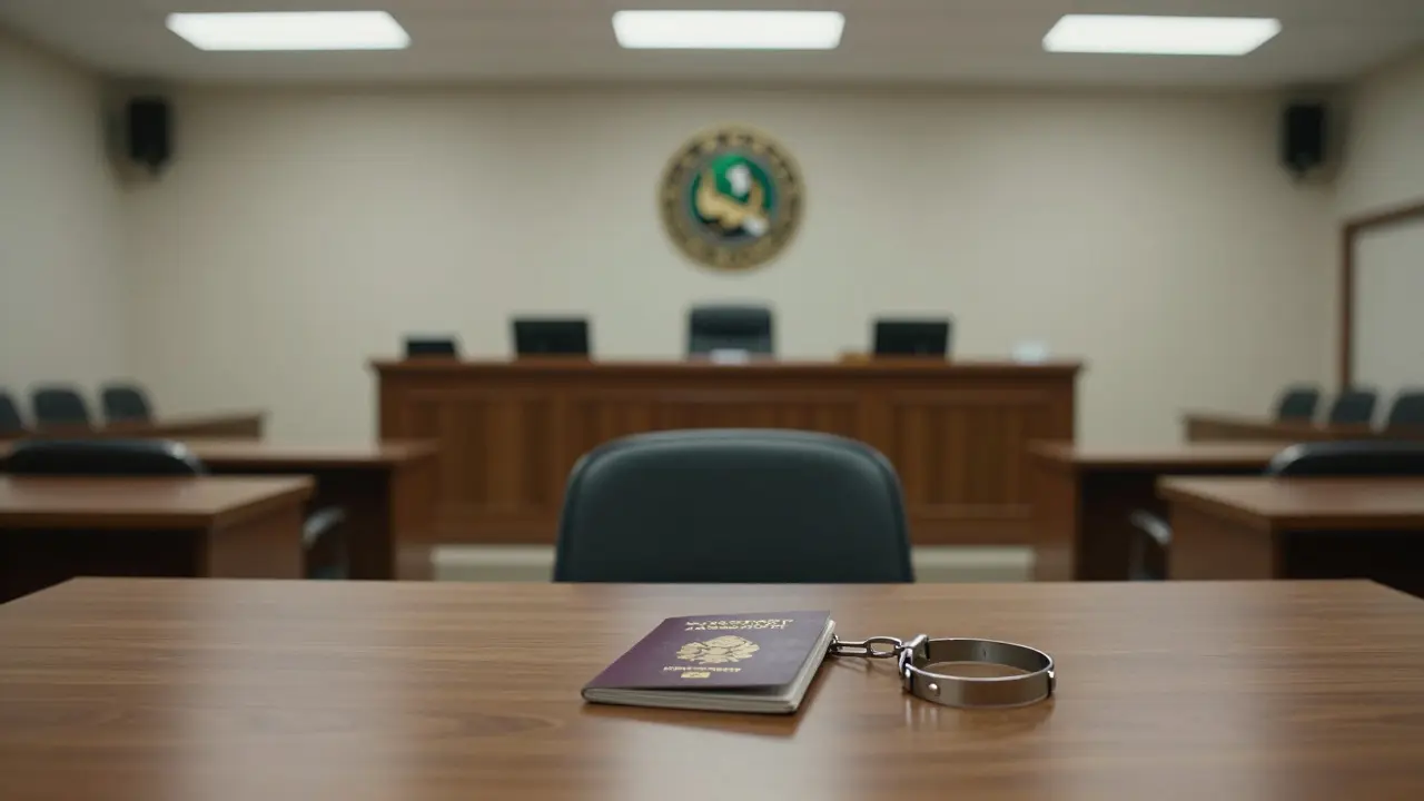 An empty courtroom with a passport and detention bracelet on the table, under harsh lights, symbolizing legal consequence and isolation.