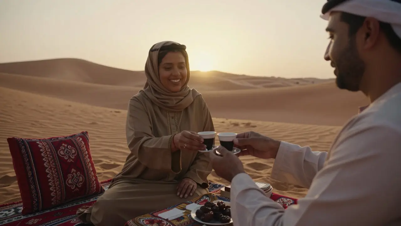 Cultural experience at desert camp during golden sunset